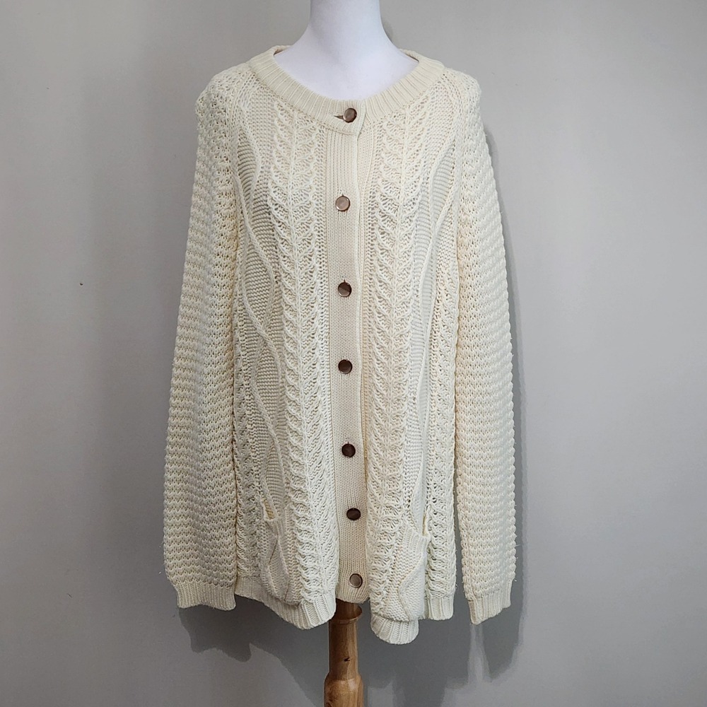 Handmade Cable Knit Cardigan Womens Large Cream Fisherman Coastal Earthy Granola